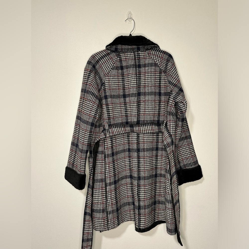 Solitaire Twill & Faux Fur Convertible Faux Sherpa Lined Pocket Jacket Belt Coat - Picture 7 of 7